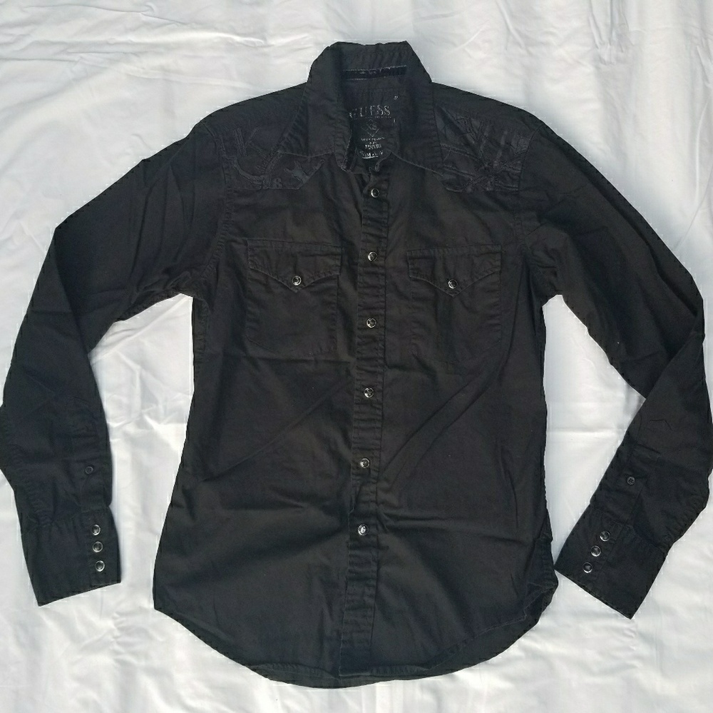 Black GUESS Embroidered Snap Button Down Shirt