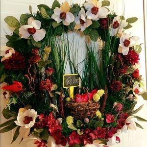 Red Cardinal Birds Basket Nest Welcome wreath