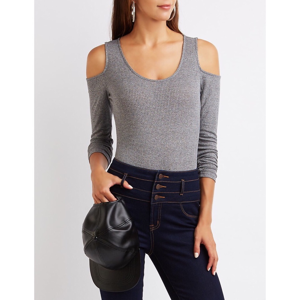 Gray Ribbed Cold Shoulder Bodysuit
