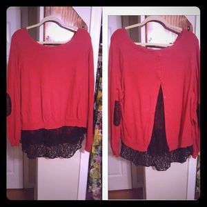 Red sweater with black lace and lace elbow patches