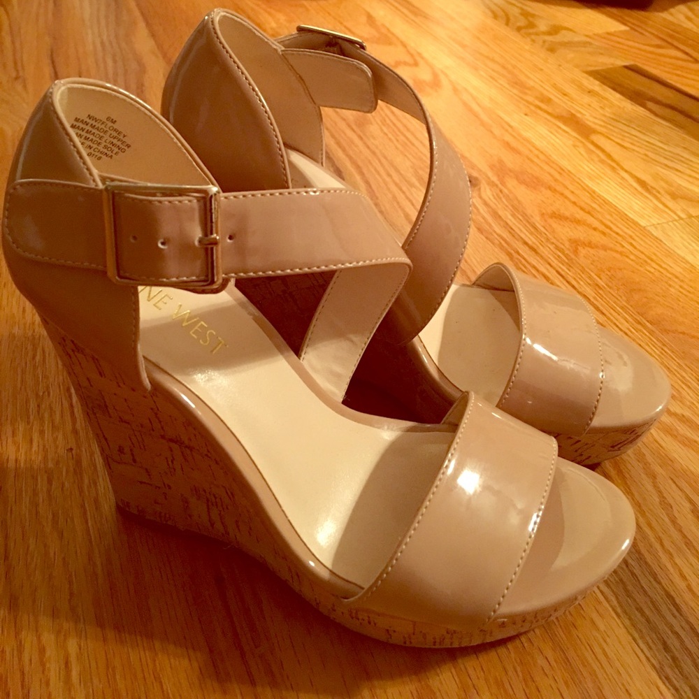 Nude patent leather Nine West wedge sandals