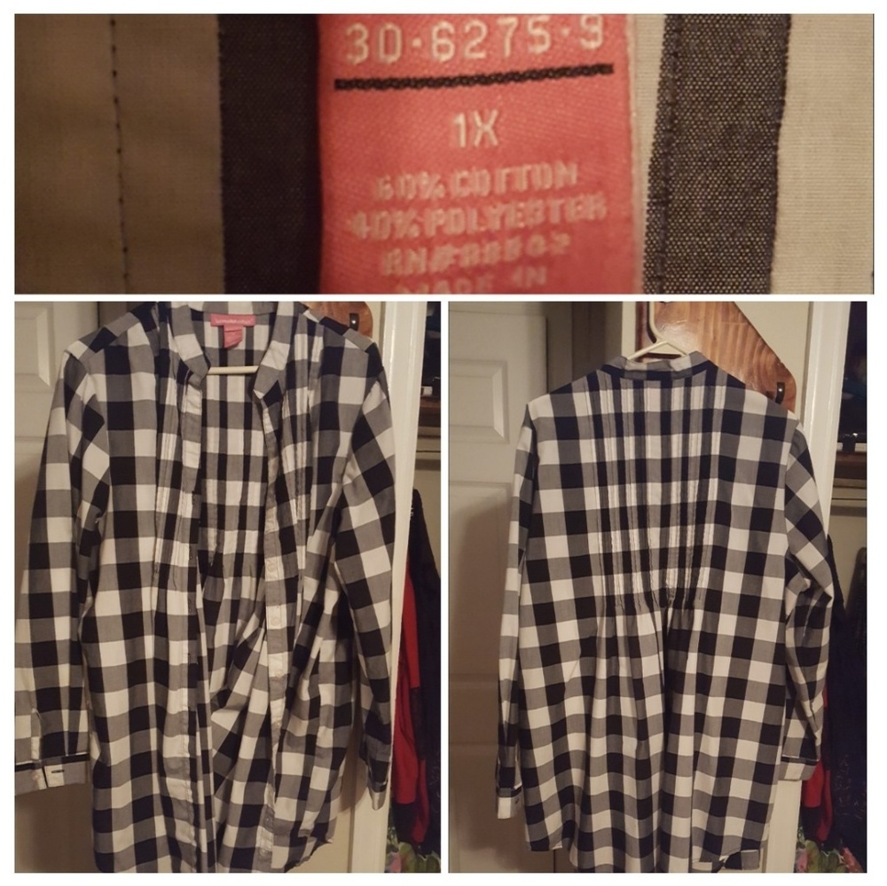 Women within black and white plaid tunic top