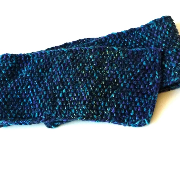 Handknit Scarf Blue Green Purple Wool Seed Stitch Tweed Unisex OOAK Hand Made - Picture 2 of 6