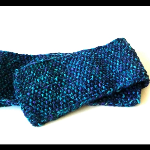 Handknit Scarf Blue Green Purple Wool Seed Stitch Tweed Unisex OOAK Hand Made - Picture 4 of 6