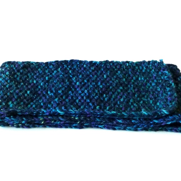 Handknit Scarf Blue Green Purple Wool Seed Stitch Tweed Unisex OOAK Hand Made - Picture 5 of 6