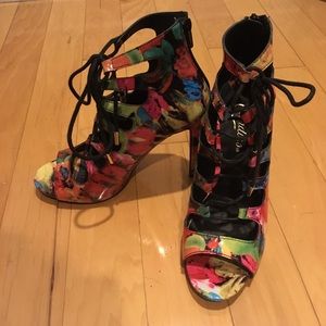 Floral lace up booties