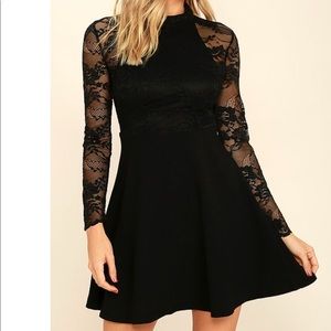 Lush Black, Lace Back/Long Sleeves, Skater Dress