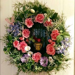 Red Cardinal Birdcage Flowerpot Rose wreath