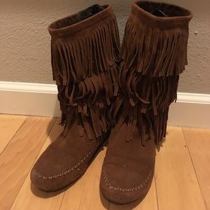 Suede fringe moccasin booties