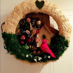 Red Cardinal Baby Birdnest & Birdhouse wreath