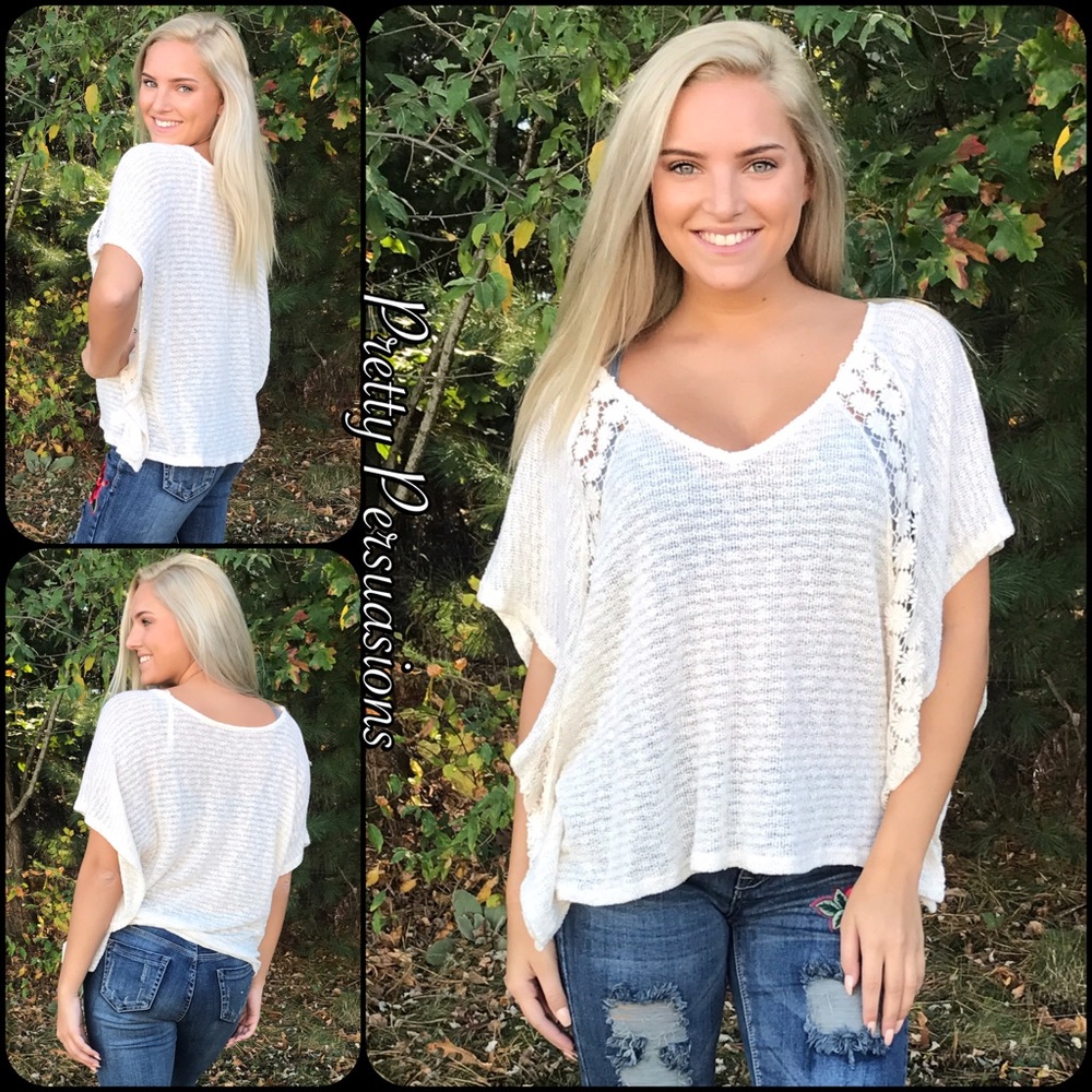 Boho Batwing Crochet Inset Flutter Sleeve Knit Top - Picture 1 of 5