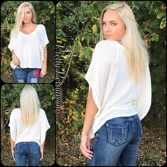 Boho Batwing Crochet Inset Flutter Sleeve Knit Top - Picture 2 of 5