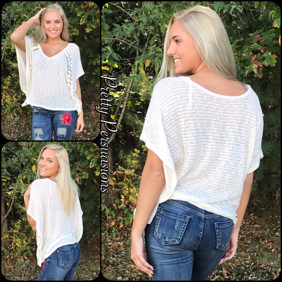 Boho Batwing Crochet Inset Flutter Sleeve Knit Top - Picture 3 of 5