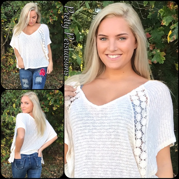 Boho Batwing Crochet Inset Flutter Sleeve Knit Top - Picture 4 of 5