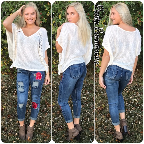 Boho Batwing Crochet Inset Flutter Sleeve Knit Top - Picture 5 of 5