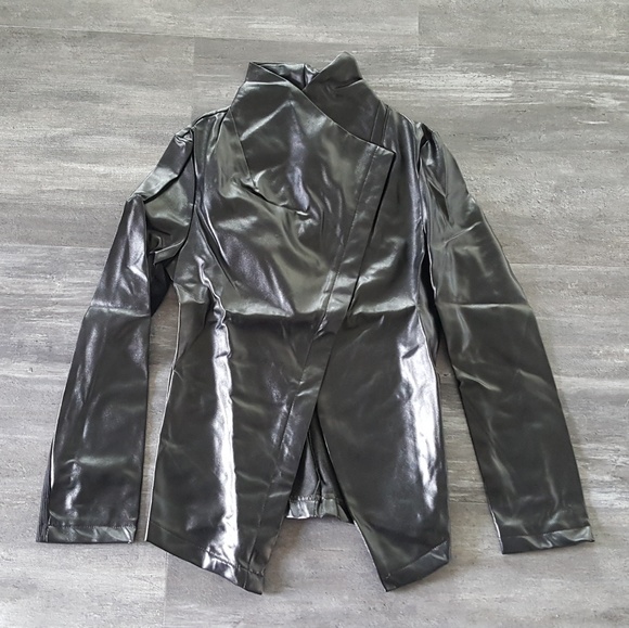 Black Faux Leather Asymmetrical Moto Jacket - Picture 3 of 4
