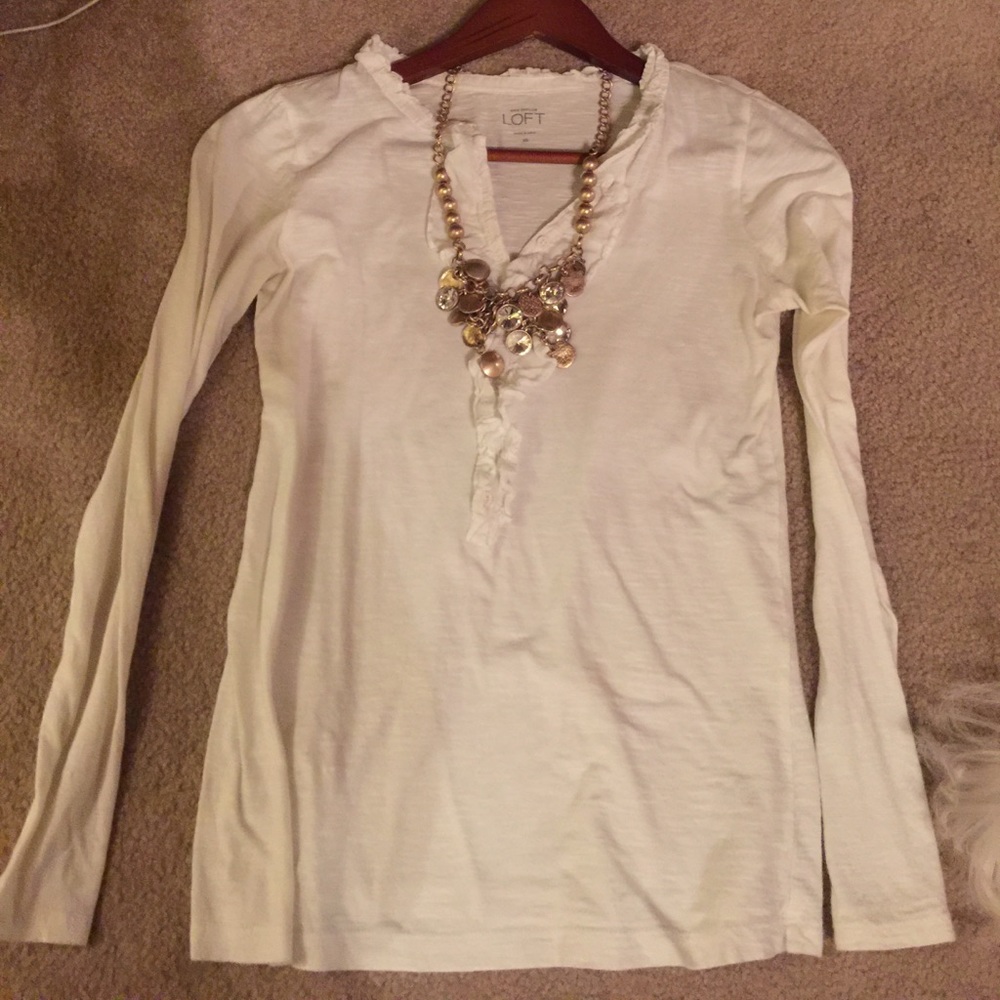 Loft white long sleeve tee with neckline detail