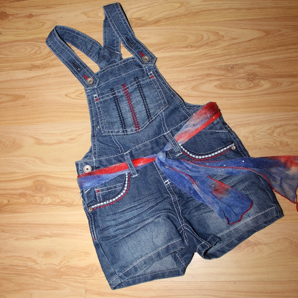 SOLD.  5 jean short overalls with red white and blue