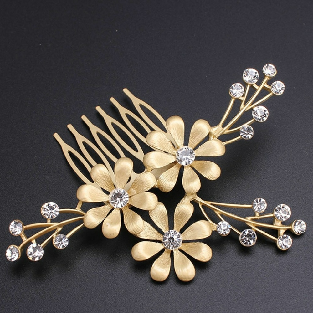 NEW bridal gold diamond floral flower hairpin comb