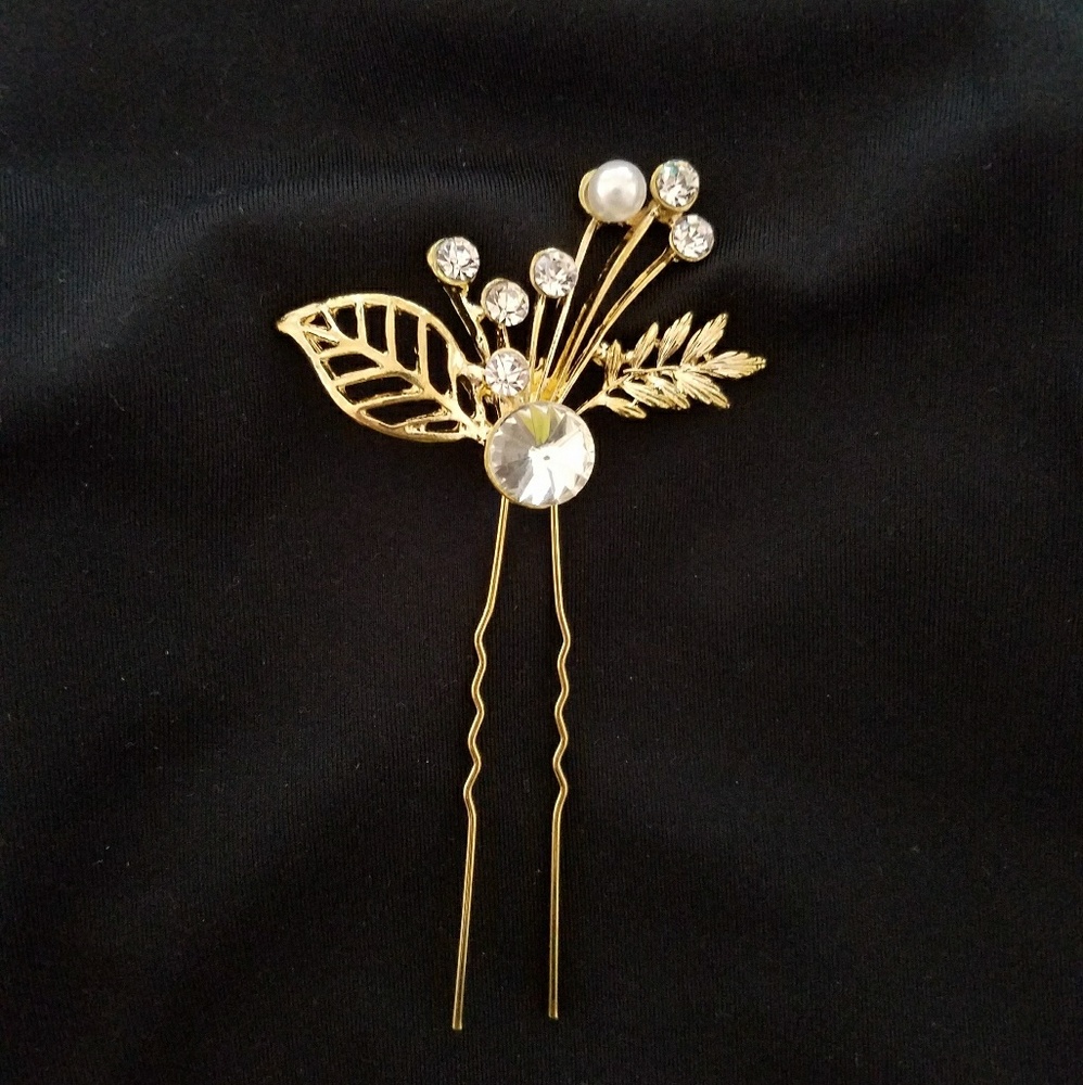 NEW bridal gold leaf leaves pearl diamond hair pin