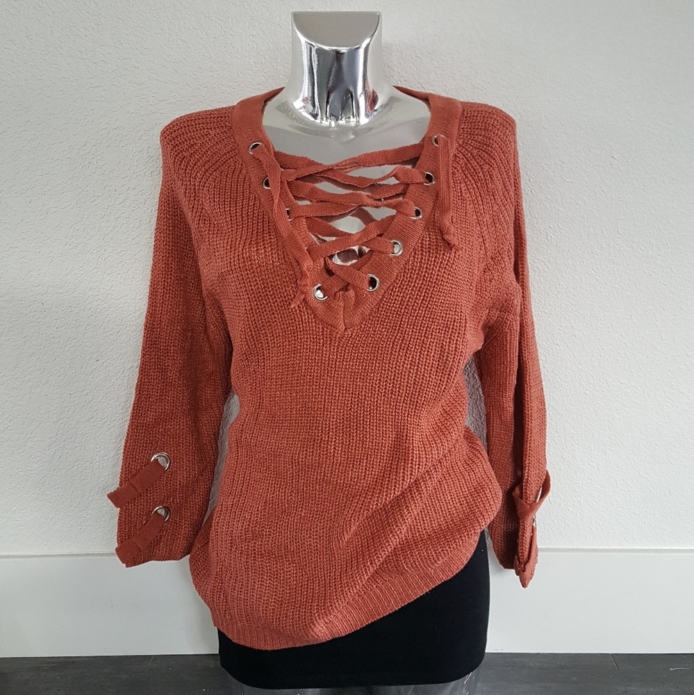 Rust Laced Up Sweater Long Sleeve