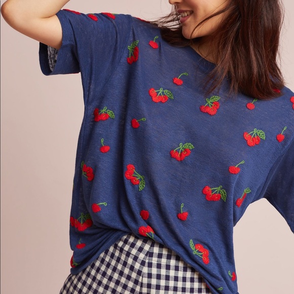 Anthropologie Tops Anthro Banner Day Cherries Linen Tee