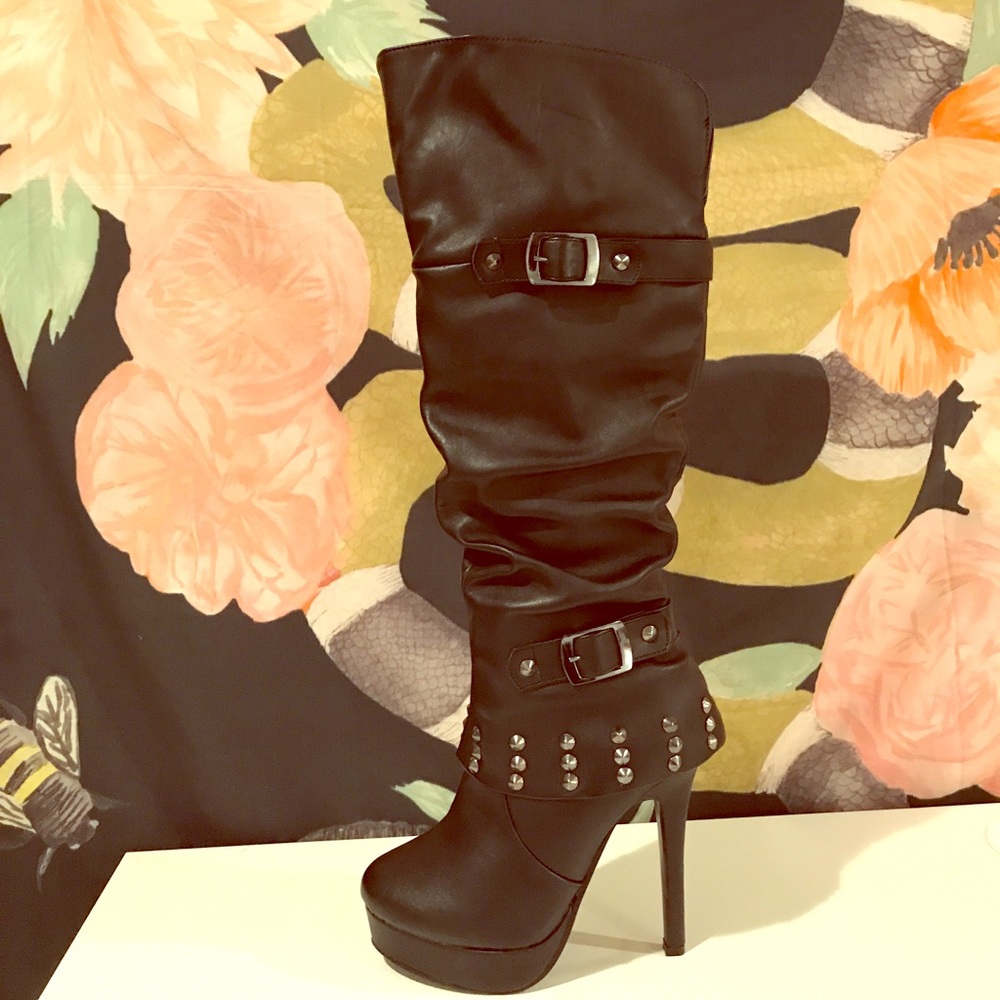 Over the knee studded faux leather boots