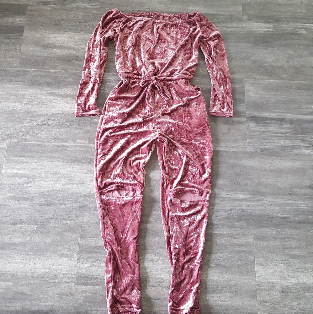Pink Lush Velvet Off Shoulder Jumpsuit