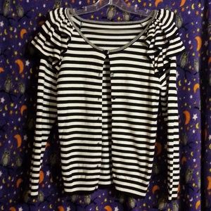 Striped Sweater Cardigan Shoulder Flounce Ruffle