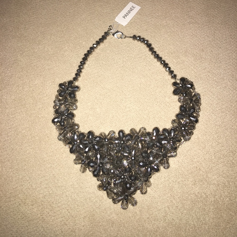 NWT, Statement Necklace, Crystal & Smokey Grey Bib