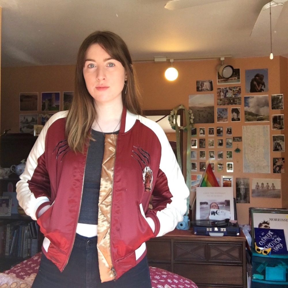 Maroon & gold satin embroidered bomber