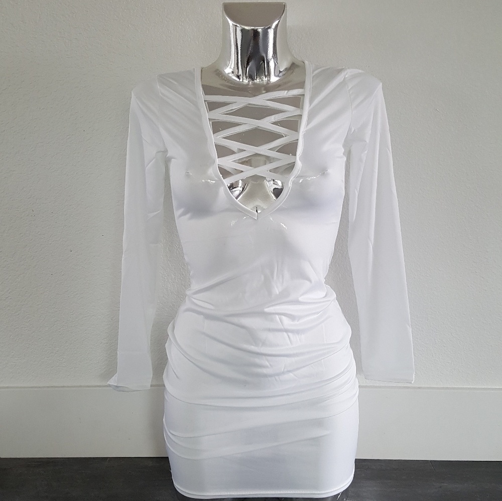 White Laced Up Front Long Sleeve Mini