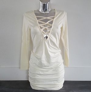 Lemon Cream Laced Up Front Long Sleeve Mini