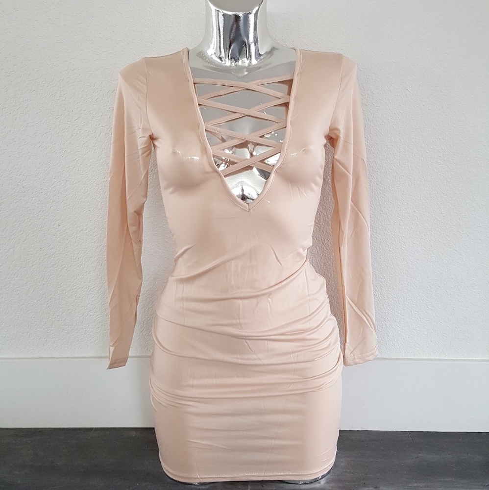 Nude Laced Up Front Long Sleeve Mini