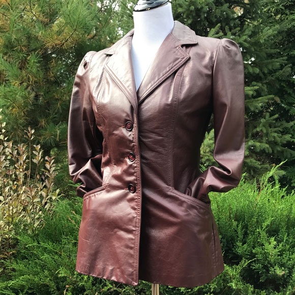 Maroon Leather 3 Button Front Vintage Jacket - Picture 2 of 7