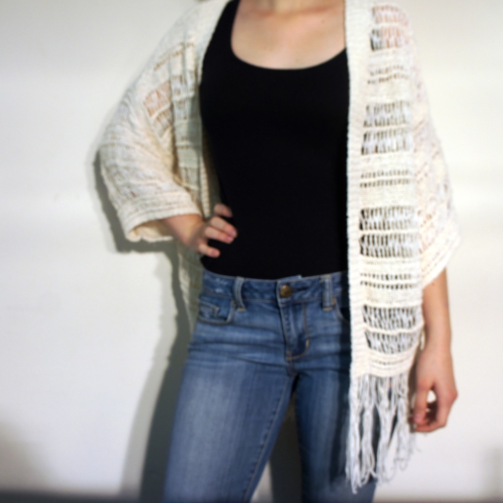 American Eagle Cream Fringe Cardigan