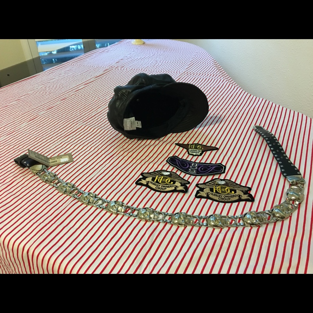 Biker gear- HD belt, leather cap, logos