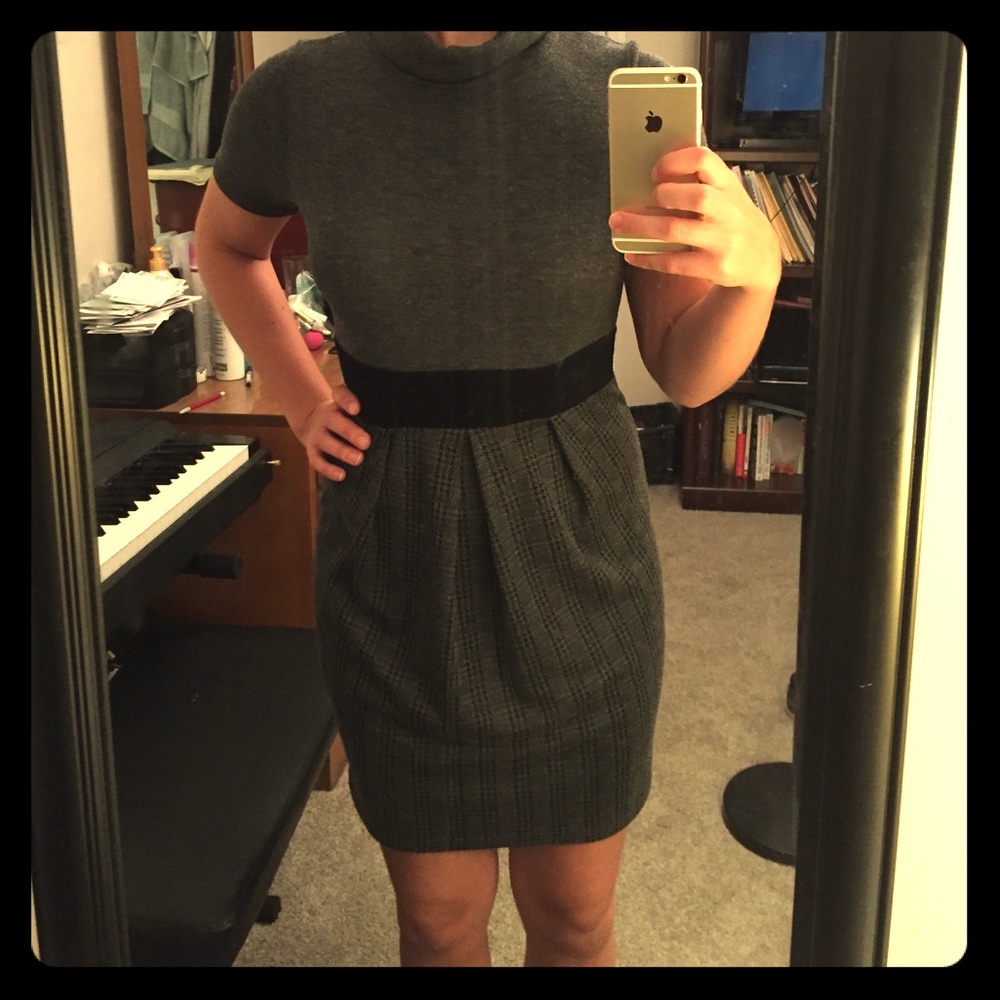 Grey Knit Short Sleeve Turtleneck Dress
