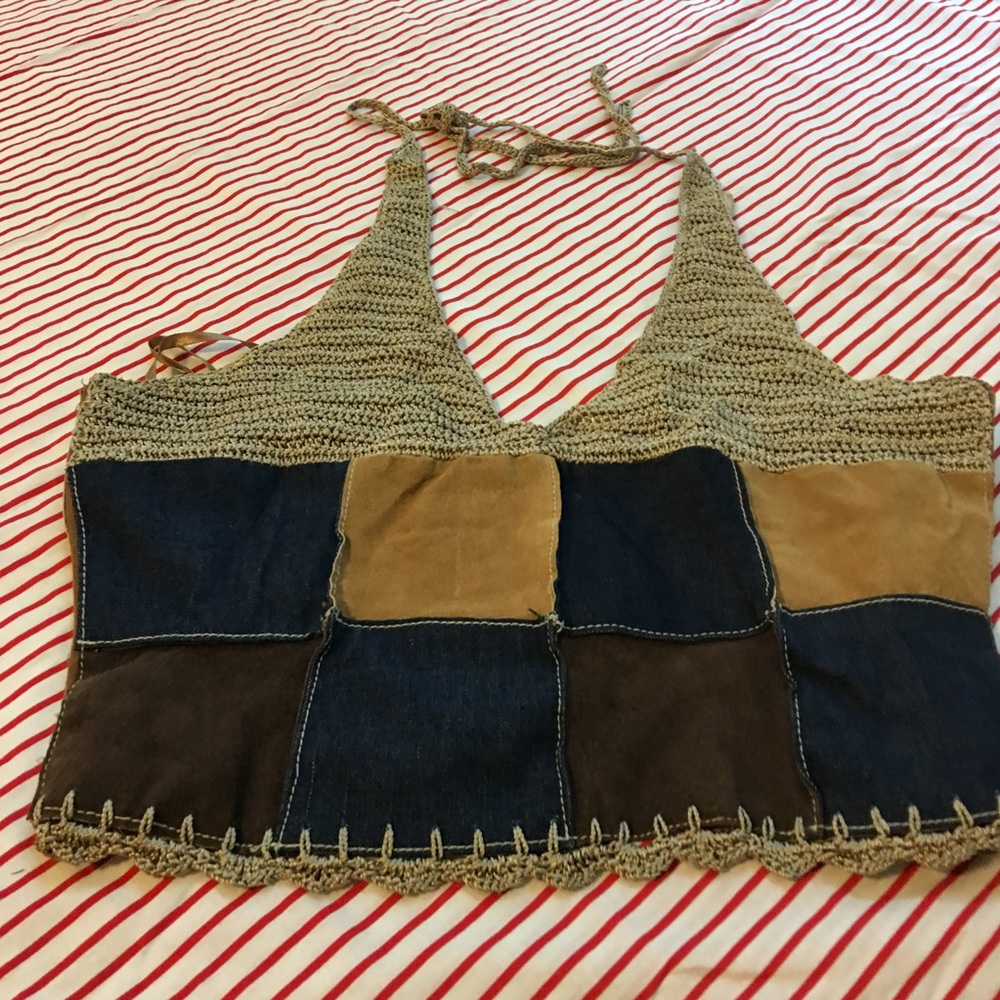 Crocheted  and leather/denim patchworked halter