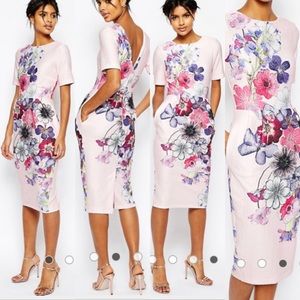 Textured Wiggle Dress with Floral Placement