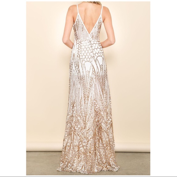 ❤️ Gold Sequin Sheer Sexy Slit Maxi Dress Gown - Picture 2 of 6