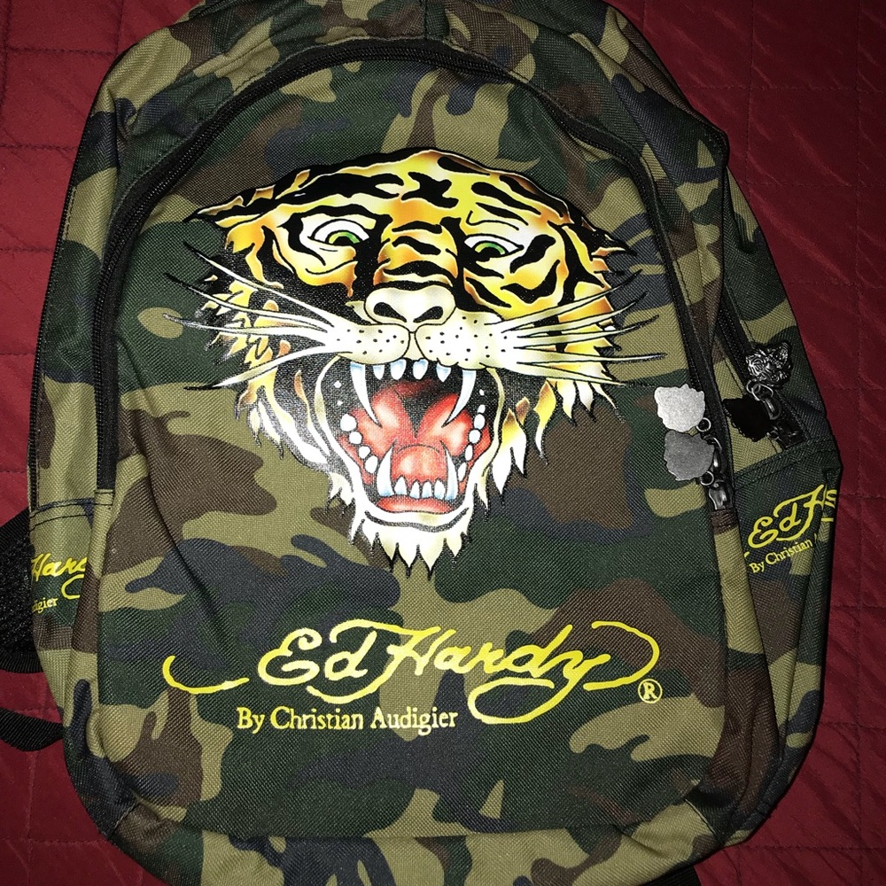 Green Camo Tiger 16-inch backpack Ed Hardy