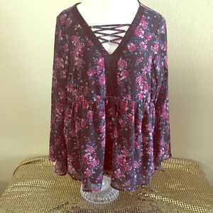 Floral Print Chiffon Lace Up Top