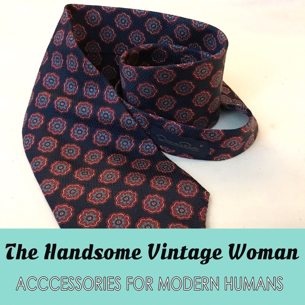 Vintage Oscar de la Renta Silk Tie, Blue and Red