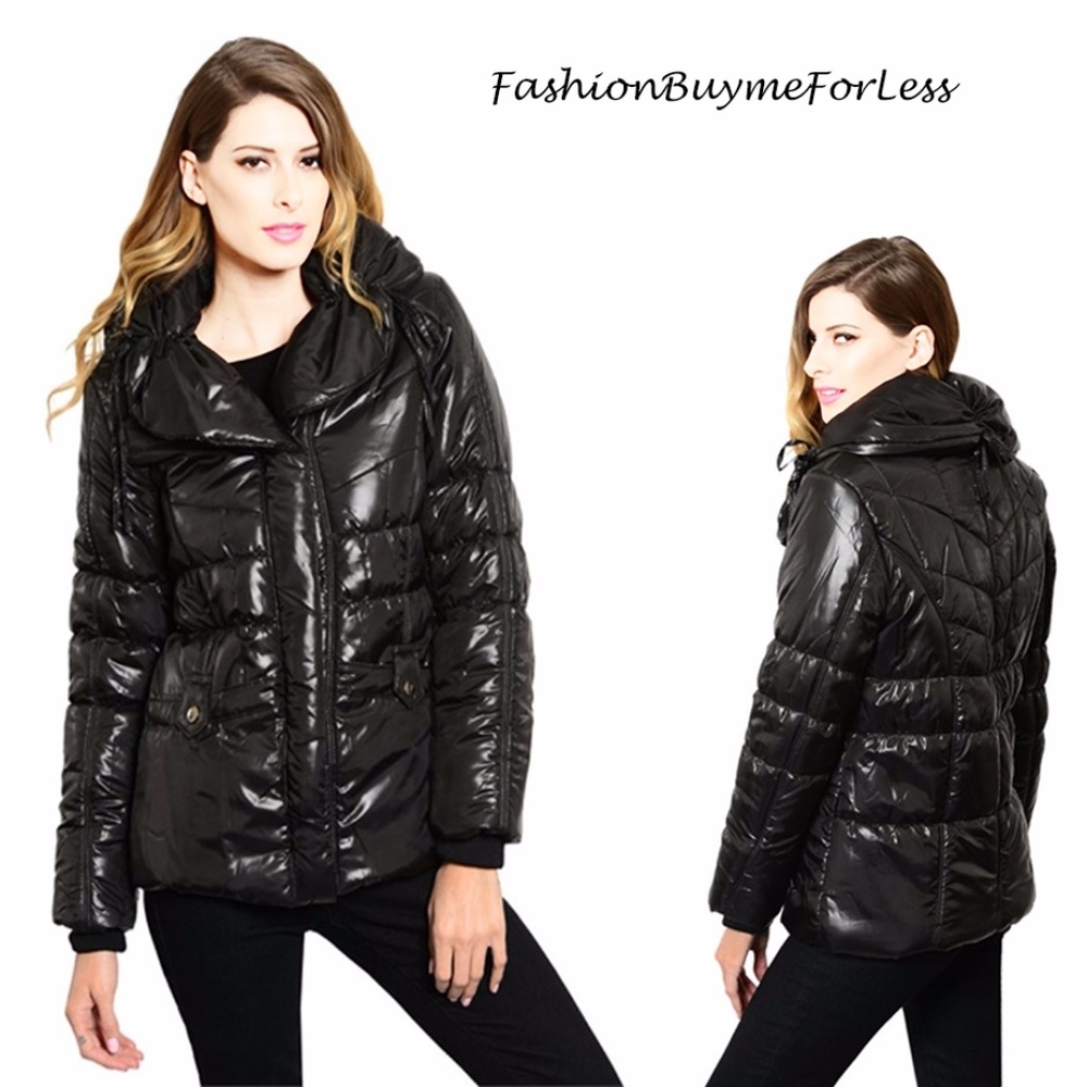 Shiny Black Wide Collar Quilted Puffer Jacket Coat