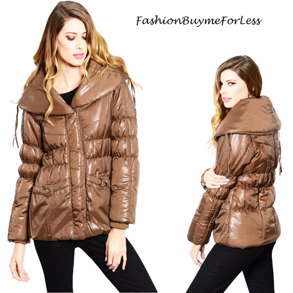 Shiny Brown Wide Collar Quilted Puffer Jacket Coat - Picture 1 of 8