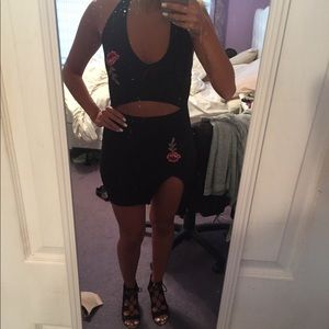 Black cut out dress with floral embroidery