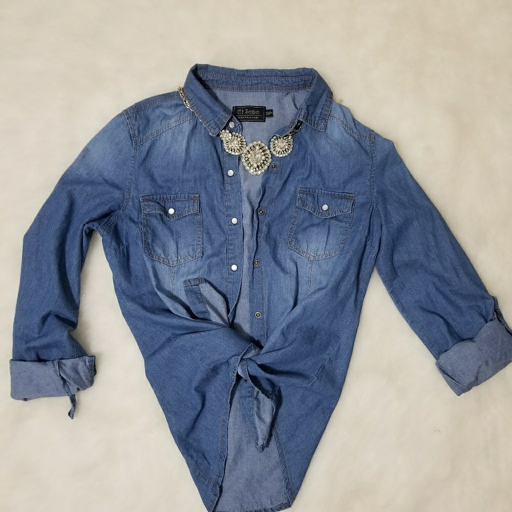Denim button down.