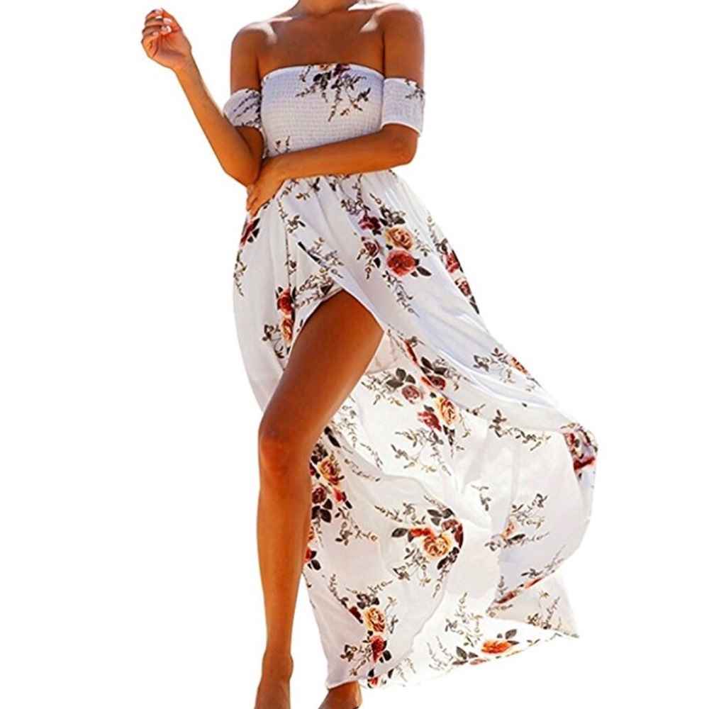 🌺 Off the Shoulder Dress - White, Ruched, Floral