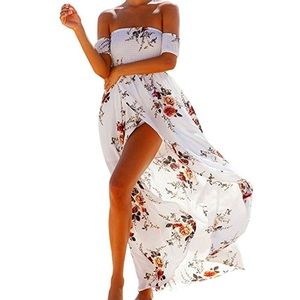 🌺 Off the Shoulder Dress - White, Ruched, Floral